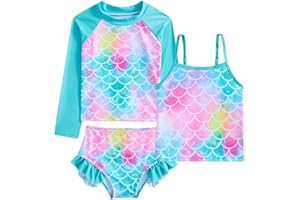 Funnycokid Girls Swimsuit 3 Pieces Long Sleeve Rash Guard Set Tankini Bathing Suits Summer Kids Swimwear 3-10 Years