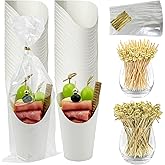 CAMKYDE 50 Sets Disposable Charcuterie Cups with Sticks and Bags, 12 oz White Paper Snack Appetizers Cup French Fry Holder with Cocktail Picks Toothpicks (50 Cups+50 Bags+200 Sticks)