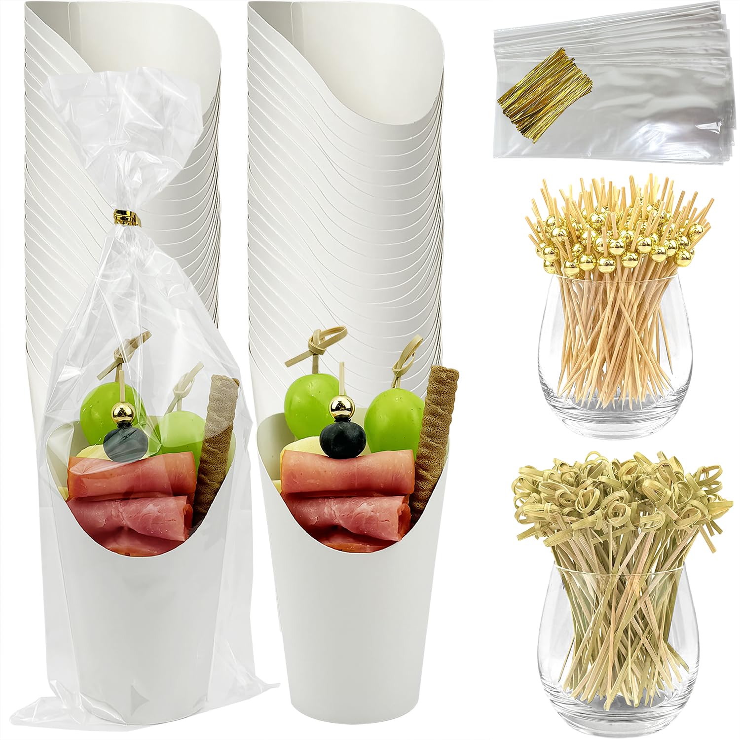 Photo 1 of CAMKYDE 50 Sets Disposable Charcuterie Cups with Sticks and Bags, 12 oz White Paper Snack Appetizers Cup French Fry Holder with Cocktail Picks Toothpicks (50 Cups+50 Bags+200 Sticks)