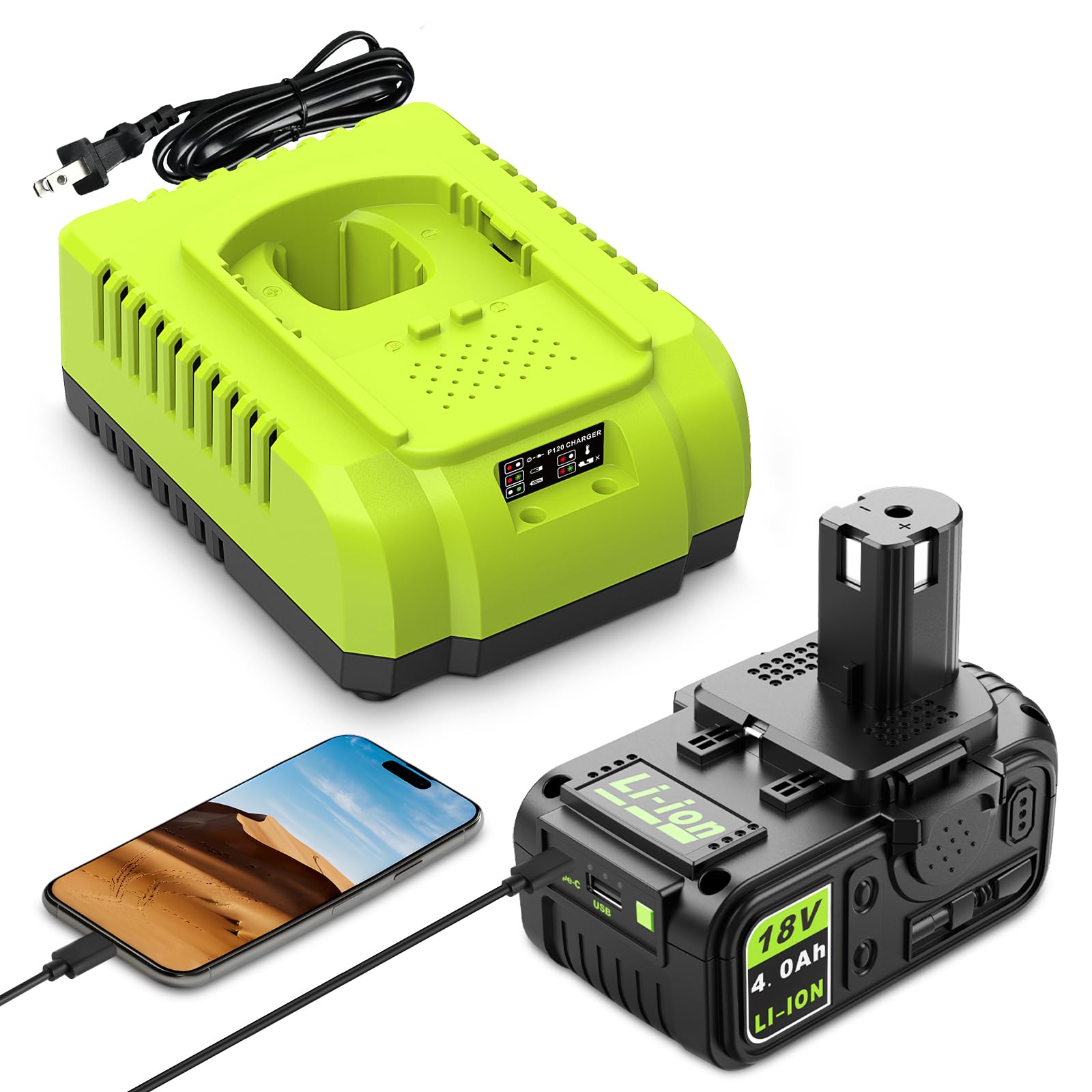 Photo 1 of 18V 4.0Ah Replacement Battery with USB and Charger Combo for Ryobi Battery Charger,Compatible with Ryobi 18 Volt Lithium-Ion ONE+ System P102 P103 P104 P105 P107 P108 P109 P190 P122 Cordless Tools