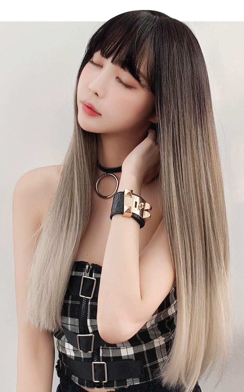 TEEMI-Two Tone Straight Highlights Cosplay Brown Mixed Purple Milk Tea Wigs (Milk Tea)