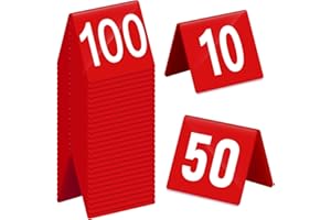 TUANSE 100 Pcs Acrylic Table Numbers 1-100 Double Side Numbered Table Tents Restaurant Wedding Table Tent Cards for Party Banquets Service Evidence Markers Supplies, 2.5 x 2 x 1.6 Inch (Red Background)