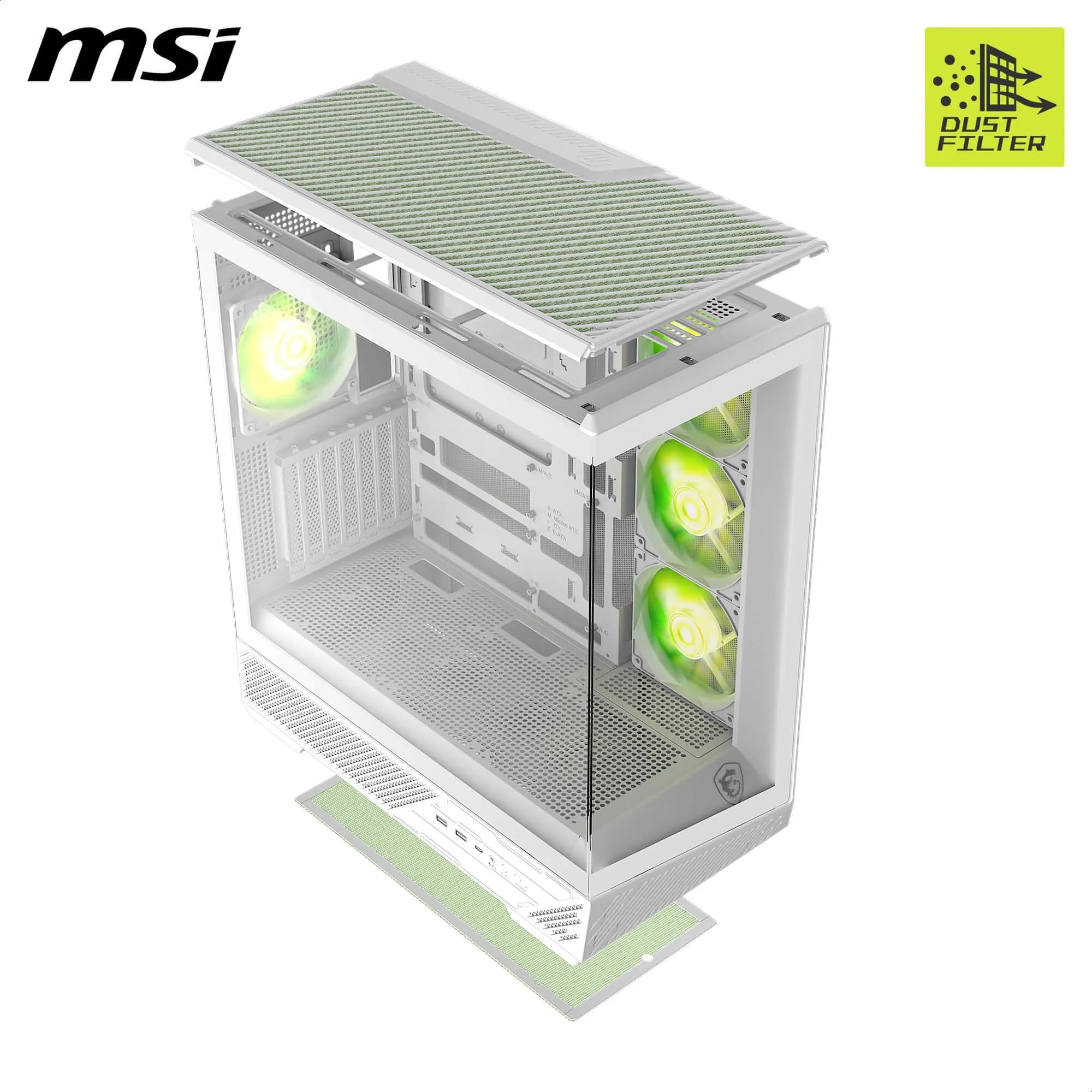 Msi Mag Pano 130R Pz White Gaming Case Showing Motherboard Compatibility And Expansion Slot Layout