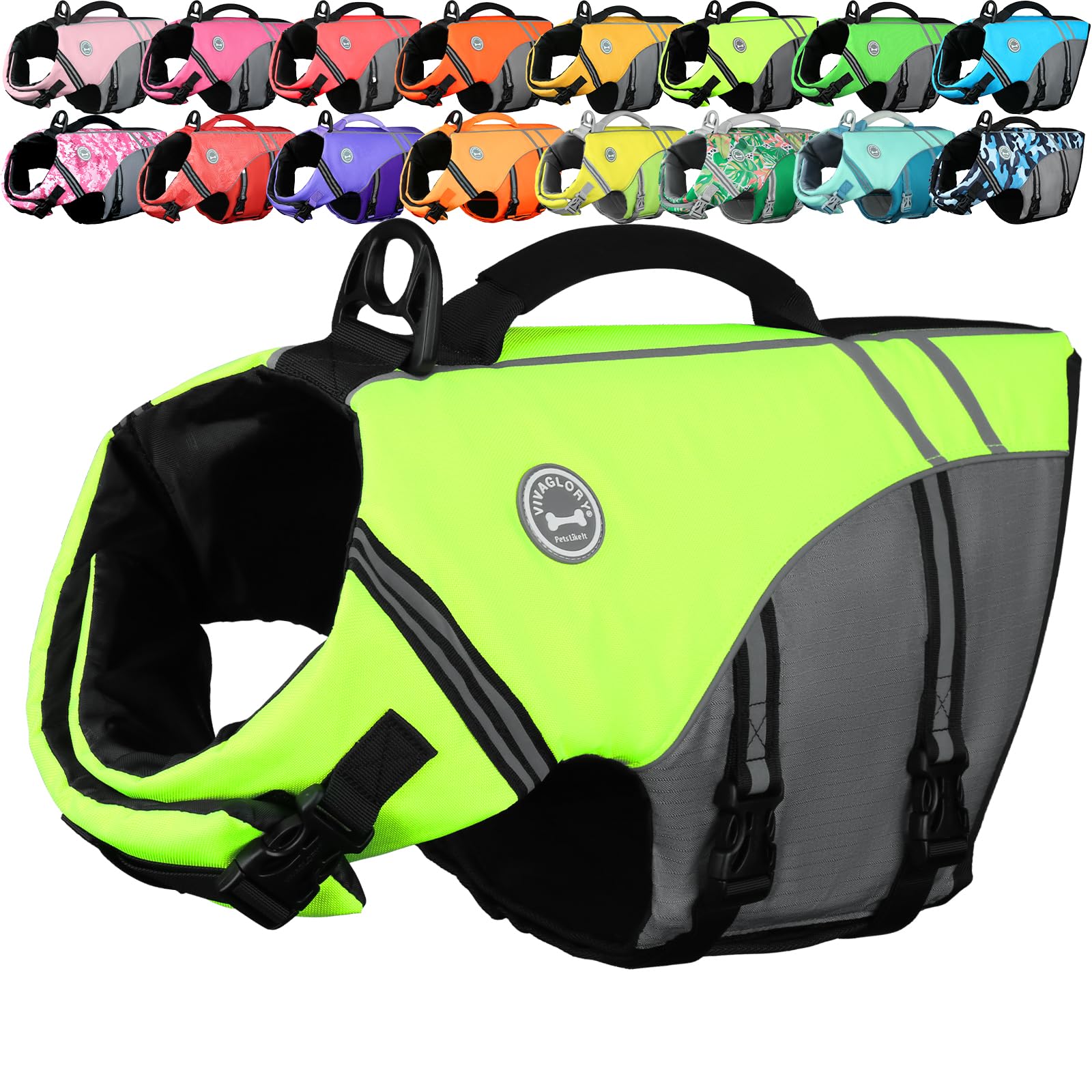 VIVAGLORY Sports Style Dog Life Jacket, Dog Buoyancy Jacket for Swimming & Boating, Ripstop & Buoyancy for Doggy, Life Vest with Handle, L, Bright Yellow