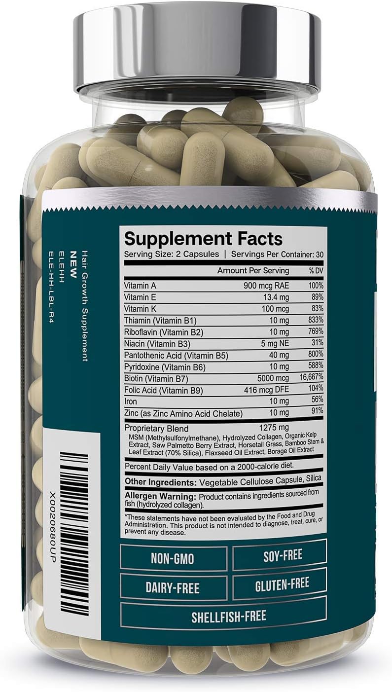 Hair Hero - Powerful Hair Growth Formula - Healthy Hair, Skin, and Nails - 5000 mcg Biotin | Essential Elements - 30 Day Supply: Health & Personal Care