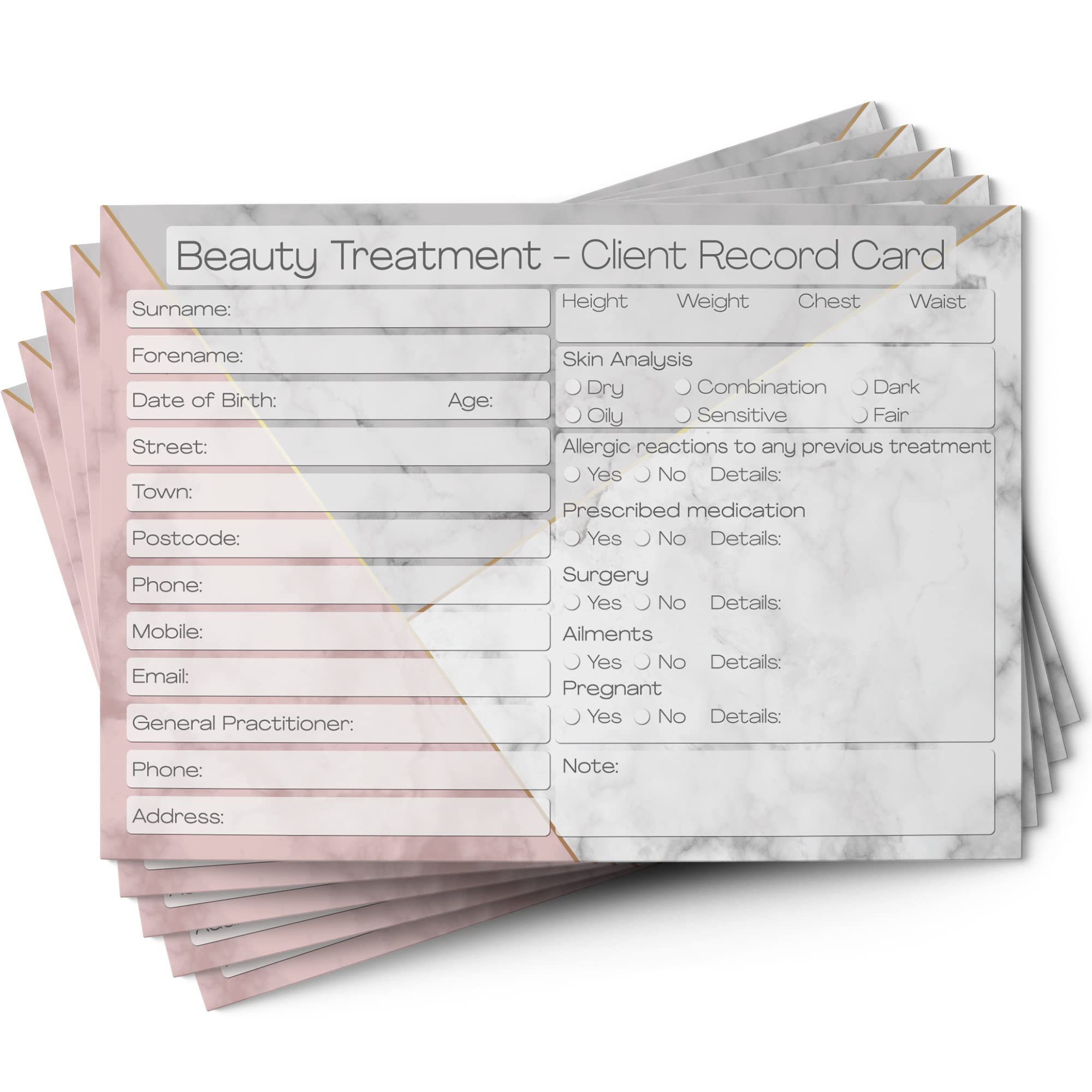 Beauty Client Cards - Salon and Therapist Customer Consultation Record - Treatment Services Essentials - Profile and Recording Forms - Gift, Loyalty Vouchers Beauty Stationery Pack of 50