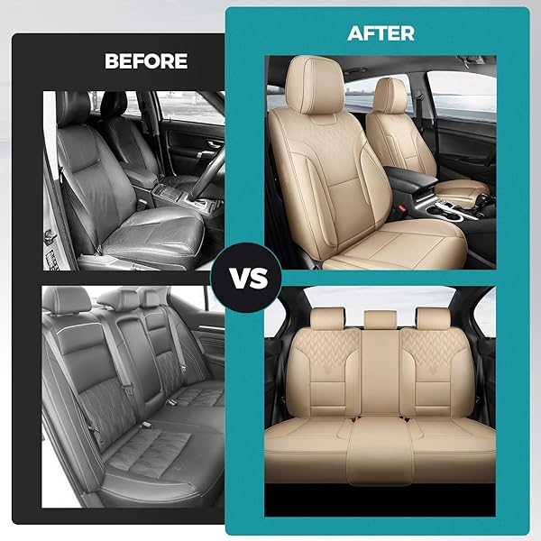 FEINEPRO BEIGE CAR SEAT COVERS FULL SET – BREATHABLE FAUX LEATHER UNIVERSAL 5 SEAT COVERS FOR CARS, AUTOMOTIVE PROTECTOR FIT FOR MOST SEDAN SUV PICK-UP TRUCK