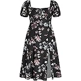 CIDER Women's Plus Size Dress Floral Fruit Square Neck Puff Sleeve Split Sun Dress Summer Midi Dresses Vacation Outfits