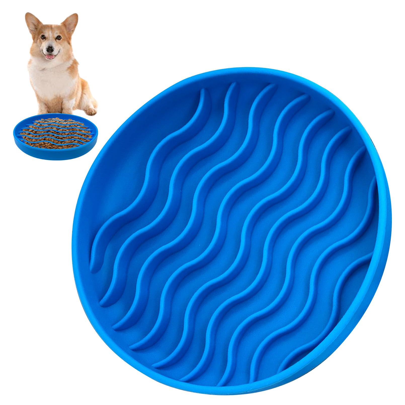 Photo 1 of Fhiny Slow Feeder Dog Bowl Non-Slip Silicone - Blue Pet Food Dish for Fast Eaters, Dishwasher Safe