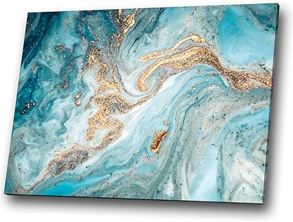 Blue Teal White Gold Marble Modern Abstract Canvas Wall Art Large Picture Prints Amazon Co Uk Home Kitchen