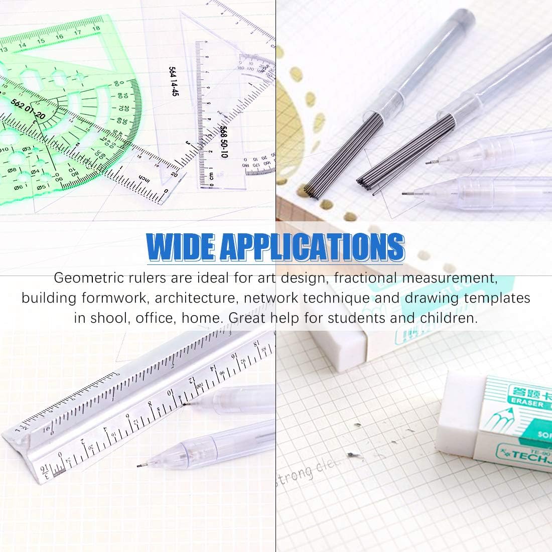 Glarks 16 Pieces Measuring Templates Building Formwork Stencils Geometric Drawing Rulers and Triangular Architect Scale Ruler with Pencil, Pencil Lead Refills, Eraser for Office and School: Arts, Crafts & Sewing