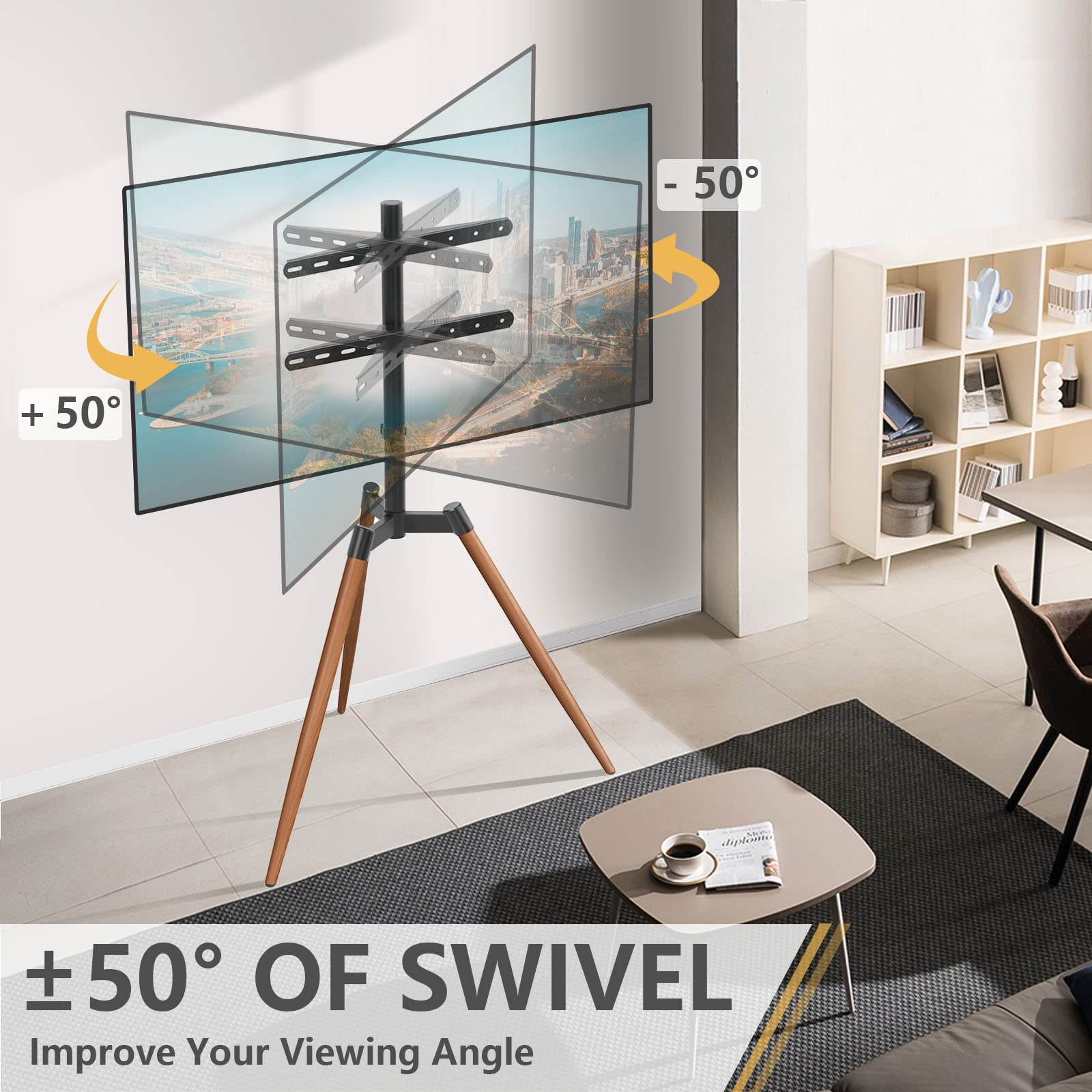 TVON Easel TV Stand with Tripod Base for 37–65 Inch Flat/Curved Screen TVs up to 77 lbs, Height Adjustable TV Floor Stand with Cable Ties and 100° Swivel for Bedroom, Living Room, Studio, Brown