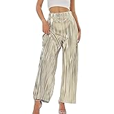 JASASCCEL Women's Metallic Pleated Pants Casual High Waist Wide Leg Trouser Shiny Flare Palazzo Pants Party Nightout Outfit