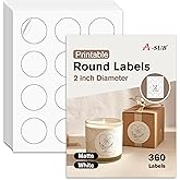 A-SUB 2" Round Label Stickers for Inkjet or Laser Printer, Matte White, 360 Printable Circle Stickers for Custom Logo, Thank You Labels