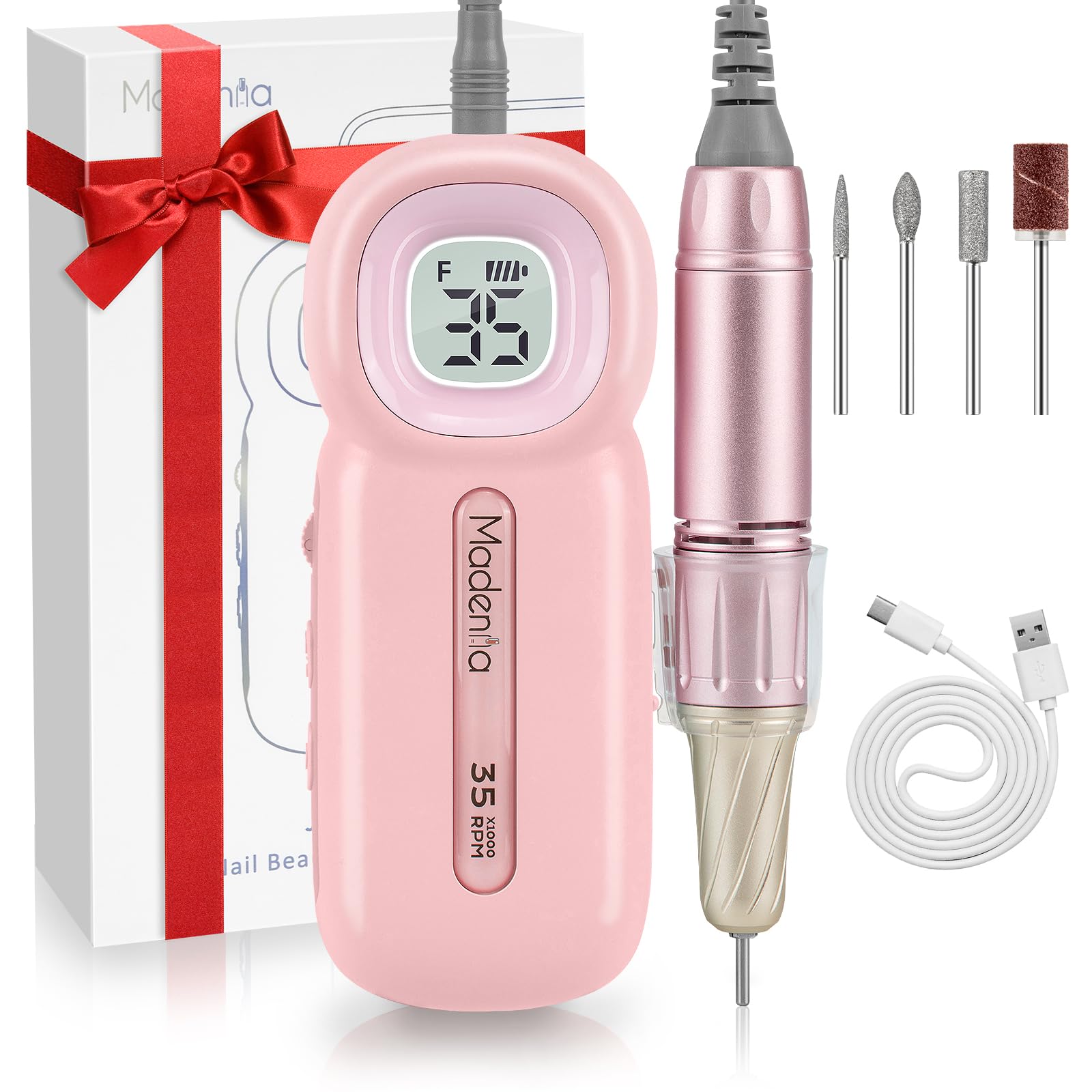 Madenia Nail Drill 35000RPM Rechargeable Cordless Electric Nail Files, Professional Nail Drill for Acrylic and Gel Nails, Portable Efile Kit for Home Salon, Pink
