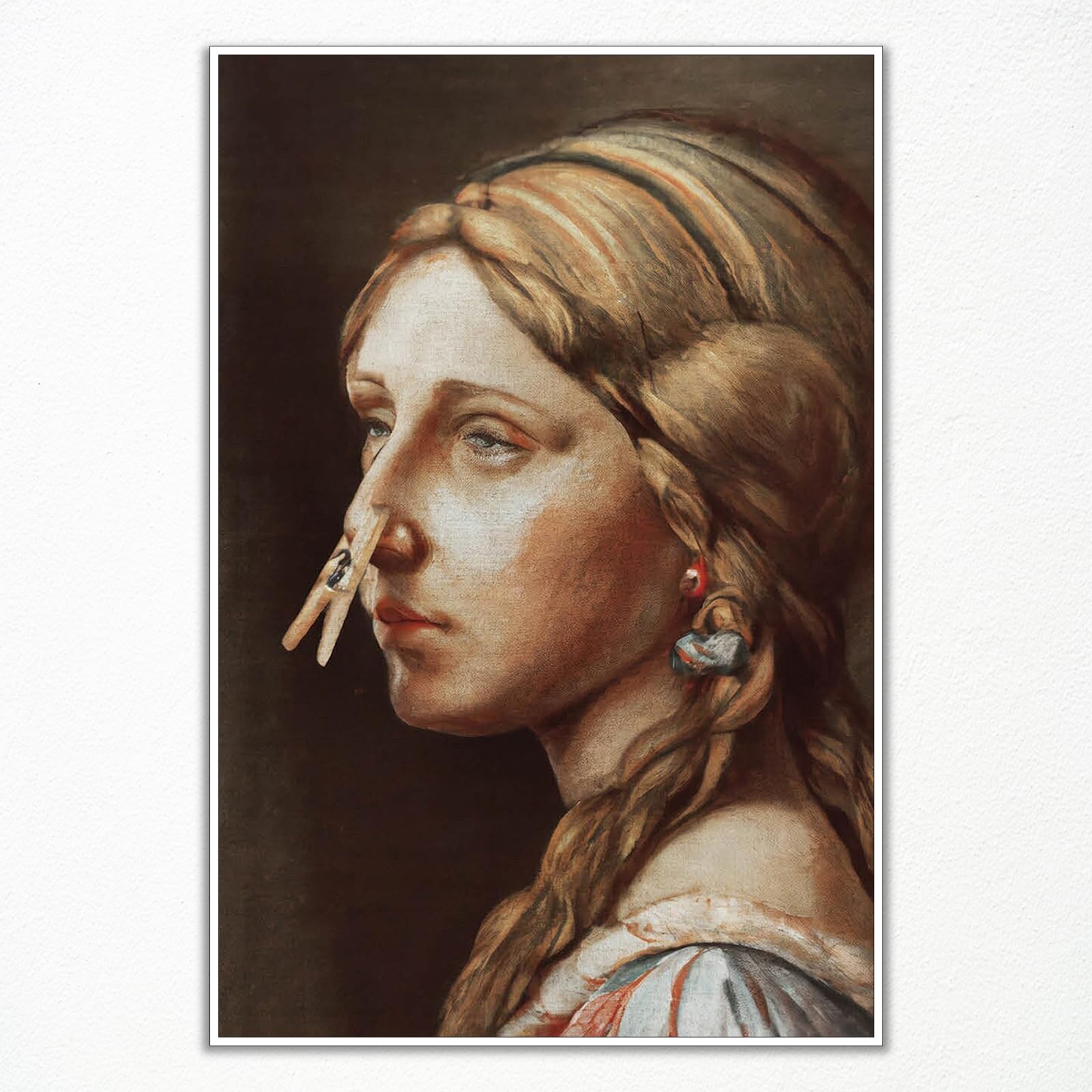 Classical Girl With Clothespin Painting Canvas Wall Art, Vintage Funny Bathroom Poster, Humor Amusing Toilet Art Prints, Girl Pinching Nose Funny Wall Decor 12x16in Unframed