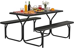COSTWAY Outdoor Picnic Table, HDPE Plastic Picnic Table Bench Set with Weather Resistant Tabletop & Wood Texture, Ideal for P