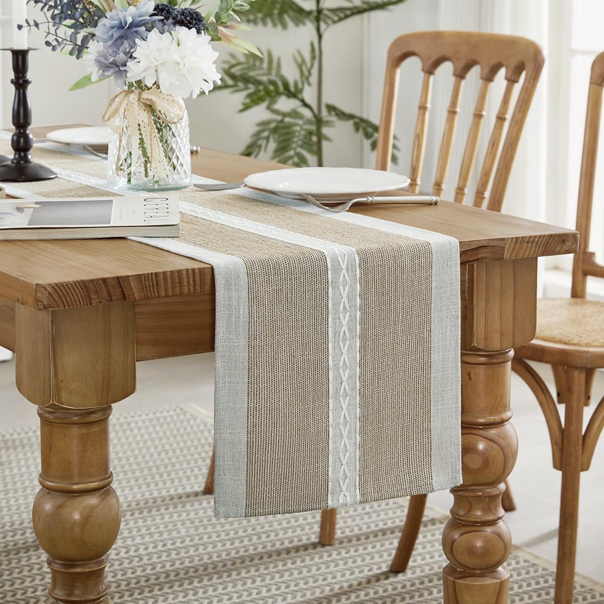 Wracra Embroidery Cotton Linen Table Runner Indoor Outdoor Farmhouse Style Coffee Table Runner 90cm for Party Dining Kitchen Decorations(Coffee, 90cm)