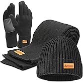 MADOG Winter Warm Knit Synthetic Wool Beanie Hat Scarf Touchscreen Gloves Set Long Neck Scarf Set with Fleece Lined Skull Caps Gifts for Women Men (Black)