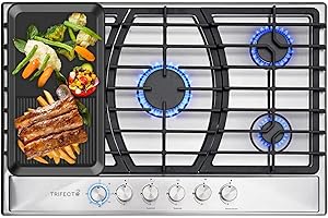 TRIFECTÉ Trifecte 30 Inch Stainless Steel Gas Cooktop with Timer Dual Fuel 5 Italy SABAF Sealed Burners Gas Stove Top NG/LPG Convertible Gas Hob with Thermocouple Protection(Griddle&Gas Regulator Not Included)