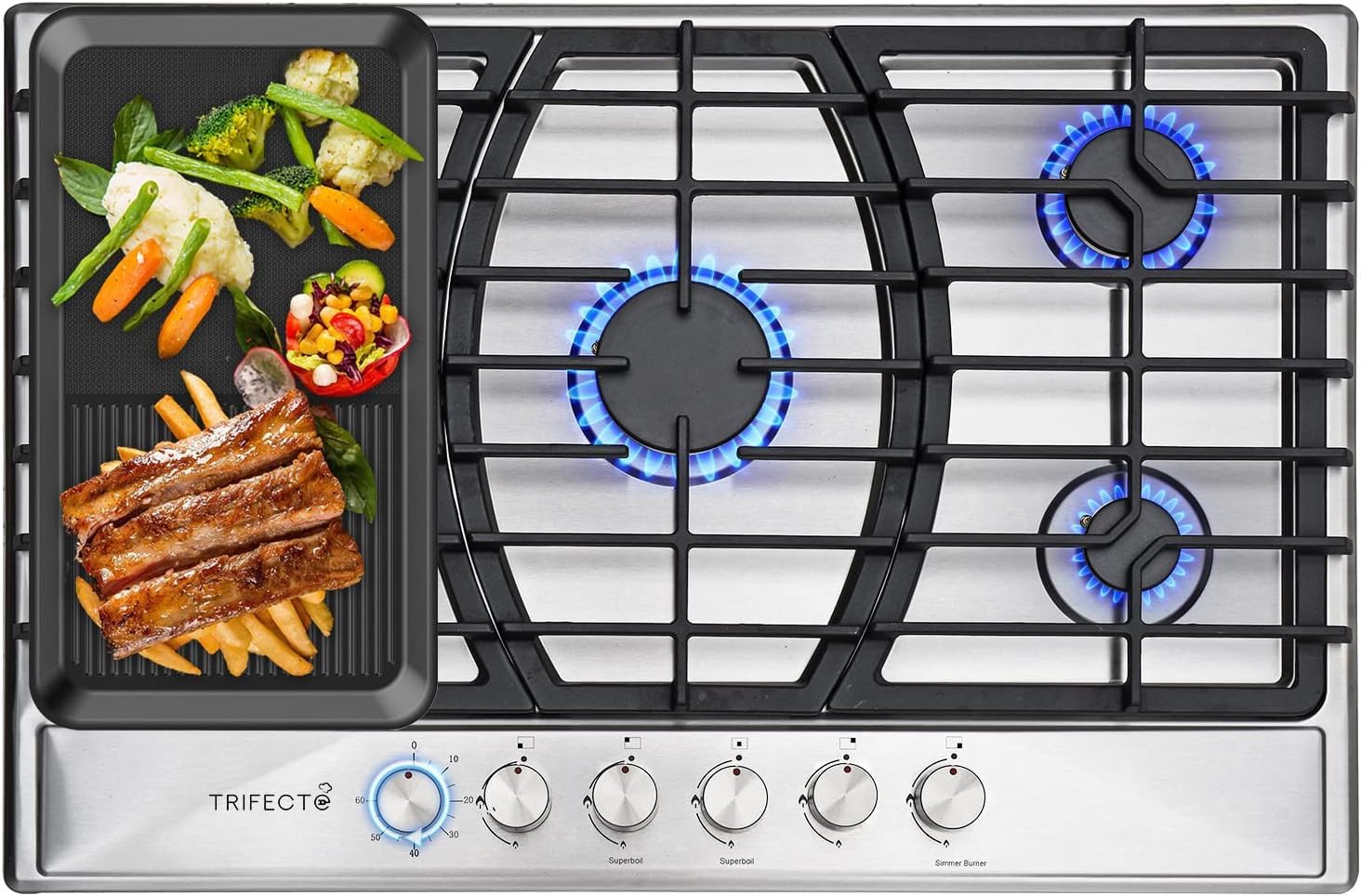 Trifecte 30 Inch Stainless Steel Gas Cooktop with Timer Dual Fuel 5 Italy SABAF Sealed Burners Gas Stove Top NG/LPG Convertible Gas Hob with Thermocouple Protection(Griddle&Gas Regulator Not Included)