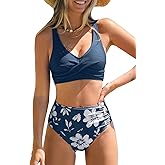 CUPSHE Women's Bikini Sets High Waisted Two Piece Swimsuit V Neck Front Wrap Adjustable Straps Ruched Bottom Swimwear