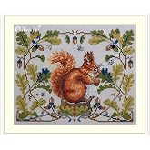 Merejka Counted Cross Stitch Kit Squirrel K-146A, Red Squirrel &amp; Oak Leaves Woodland Design, Zweigart Rustico-Aida 16 Natural Fabric, DMC Threads, 14 Colors, 21x16 cm / 8.3x6.3 in