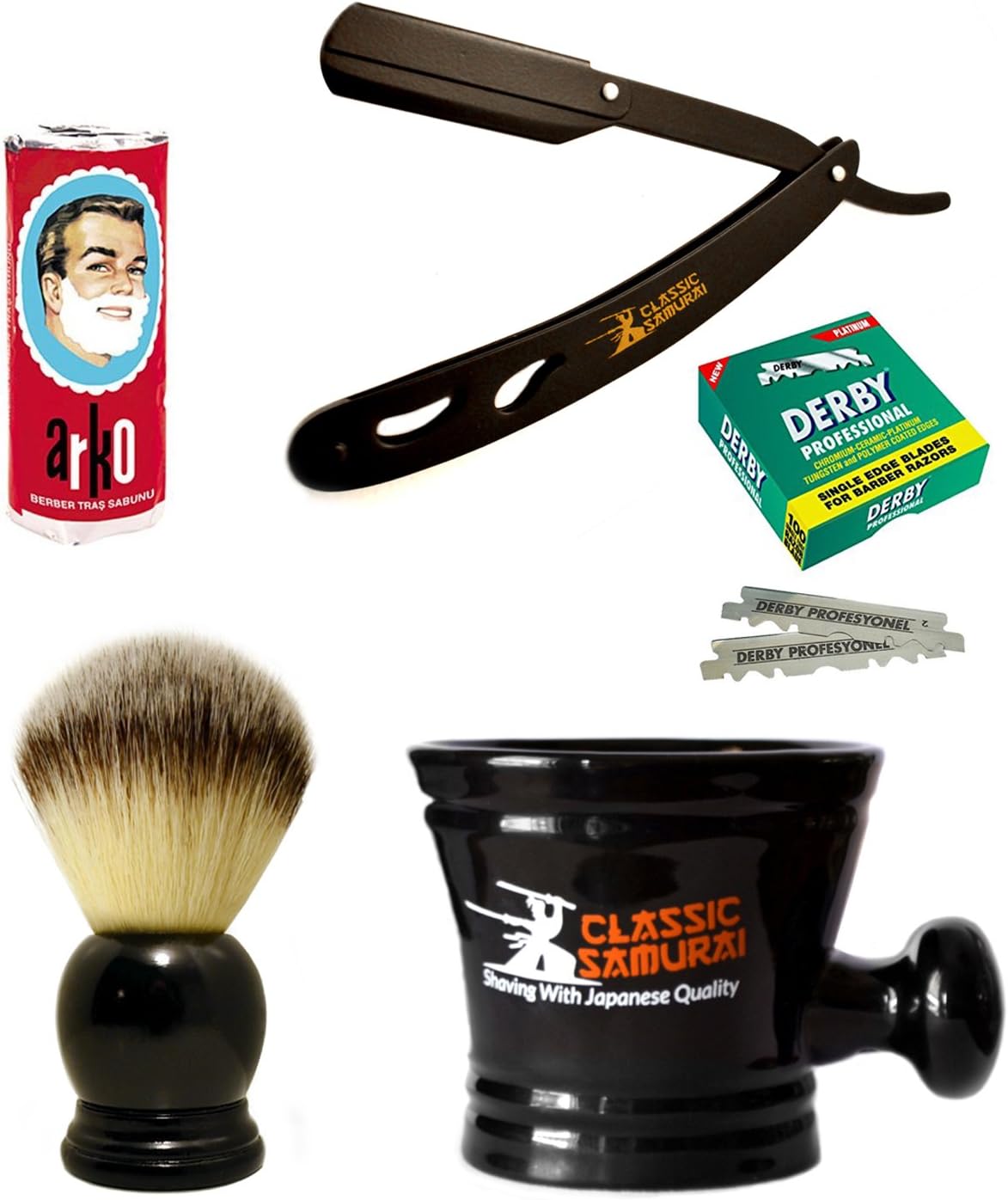 Classic Samurai Men's Shaving Set with CS-102 Matte Black Folding Straight Razor Shavette, 100 Single Blades, Synthetic Shaving Brush, Arko Stick Soap and Porcelain Mug