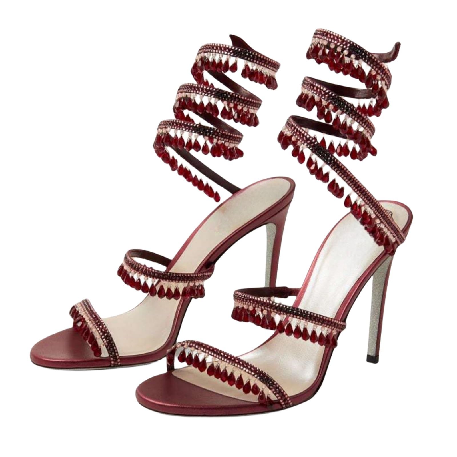 Photo 1 of Fuazuzu Rhinestone Wrap Around Strappy Stiletto High Heels for Women, Open Round Toe Lace Up Heeled Sandals for Wedding Prom Party Dress (Red 9.5)