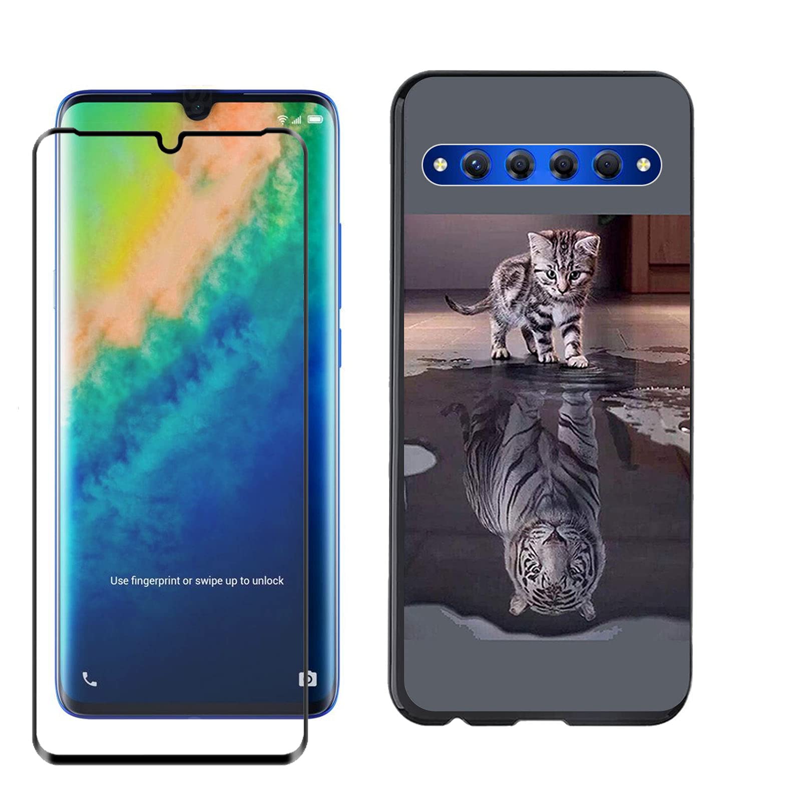 JIENI Case for TCL 10 Plus T782H (6.47 inches) + Tempered Glass Screen Protector, Soft Silicone Mobile Phone Case, Anti-Scratch Mobile Phone Case, Black TPU Cover + Tempered Glass - Reflection