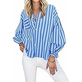 Cicy Bell Womens Striped Button Down Shirts 2024 Fall Fashion Puff Long Sleeve Loose Fitting Work Tops Blue