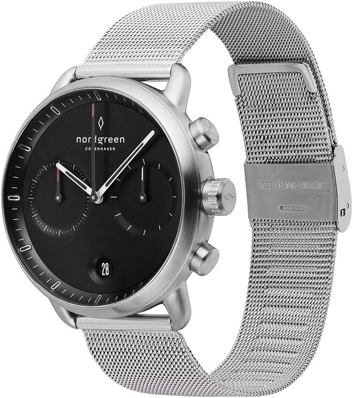 Pioneer Men's Chronograph Watch Silver 42mm Watch with Black Dial and Interchangeable Straps