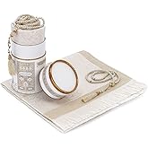 ihvan online Muslim Prayer Rug and Prayer Beads with Elegant Design Cylinder Gift Box, Janamaz, Soft Sajadah, Islamic Gifts Set, Portable Prayers Carpet Mat, Taffeta Fabric, White