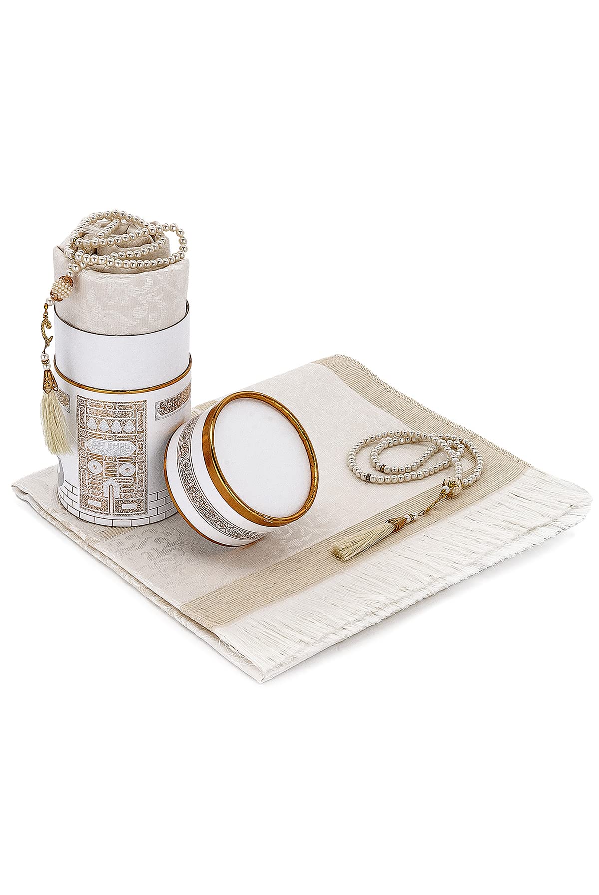 ihvan online Muslim Prayer Rug and Prayer Beads with Elegant Design Cylinder Gift Box, Janamaz, Soft Sajadah, Islamic Gifts Set, Portable Prayers Carpet Mat, Taffeta Fabric, White
