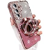 AuroiCCY Magnetic for Samsung Galaxy S25 Plus Glitter Kickstand Case, [Compatible with MagSafe] Makeup Mirror Cute Bling Rhinestone Girl Woman Cover Camera Lens Protector Ring Holder for S25+ (Pink)