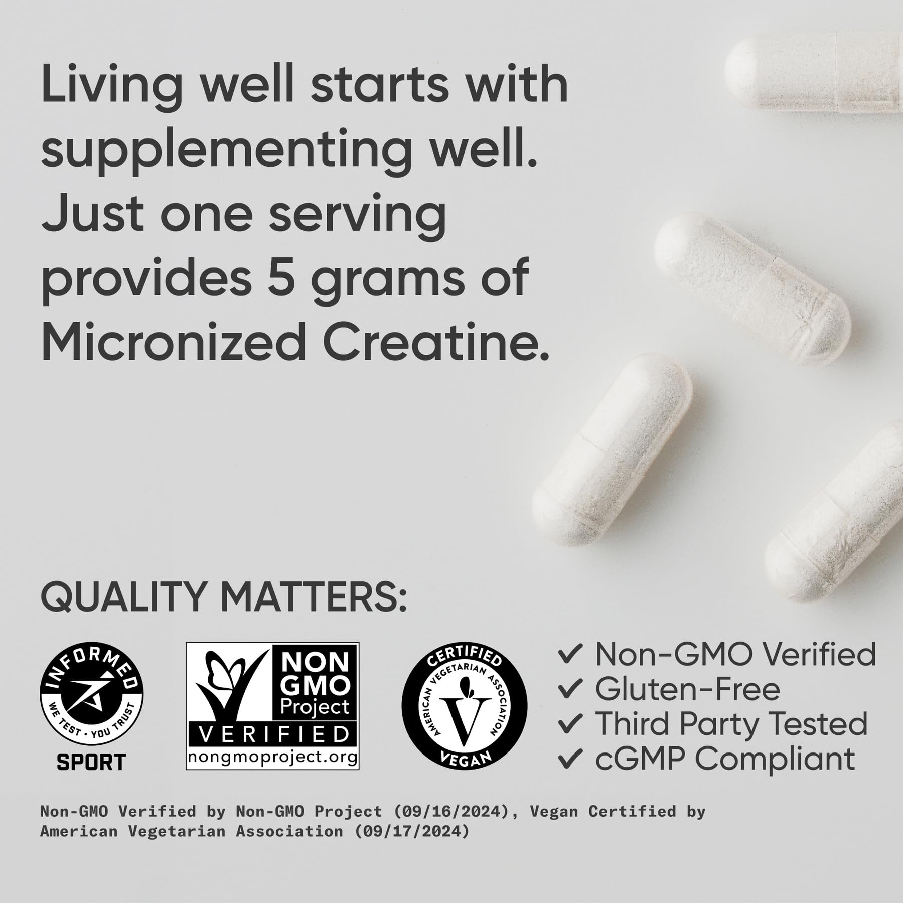 Sports Research® Creatine Monohydrate Capsules - Supports Workout Recovery, Lean Muscle gain, Performance and Strength* - Non-GMO, Vegan Certified - 5g per Servings - 30 Servings