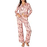 cochineal Bow Print Pants Set for Women Long Sleeve Button Shirt Lounge Pants Set Silk Satin 2 Piece Cute Vocation Outfits