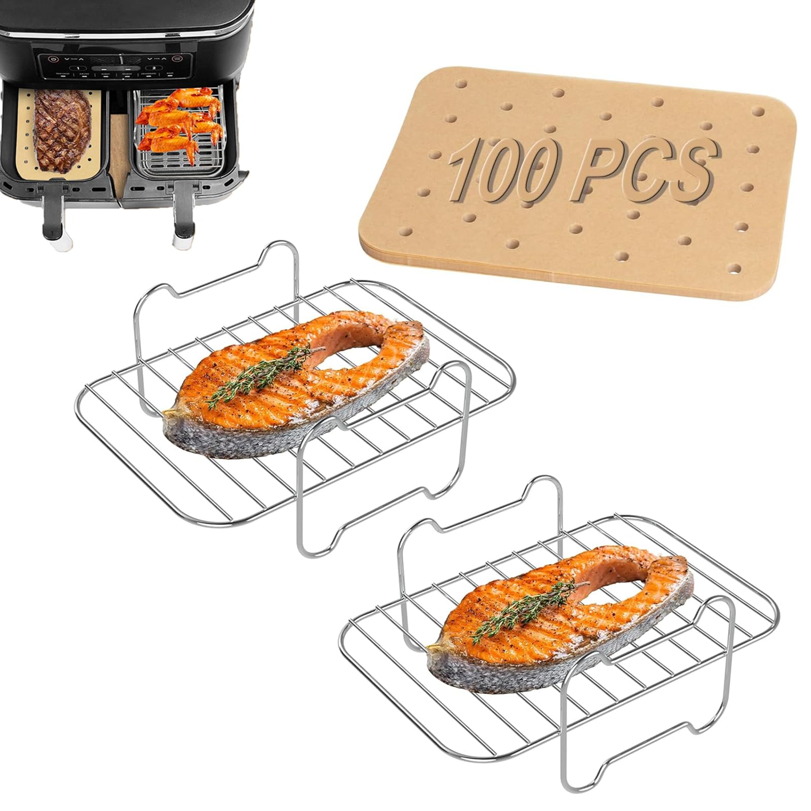 Photo 1 of WEBROIL 2 Packs Air Fryer Racks with 100pcs Liners for Ninja Foodi DZ401/ DZ201 and Other 8-10 QT Dual AirFryer, Parchment Paper & Stainless Steel Toast Rack for Air Fryer 2 Basket Liners Accessories