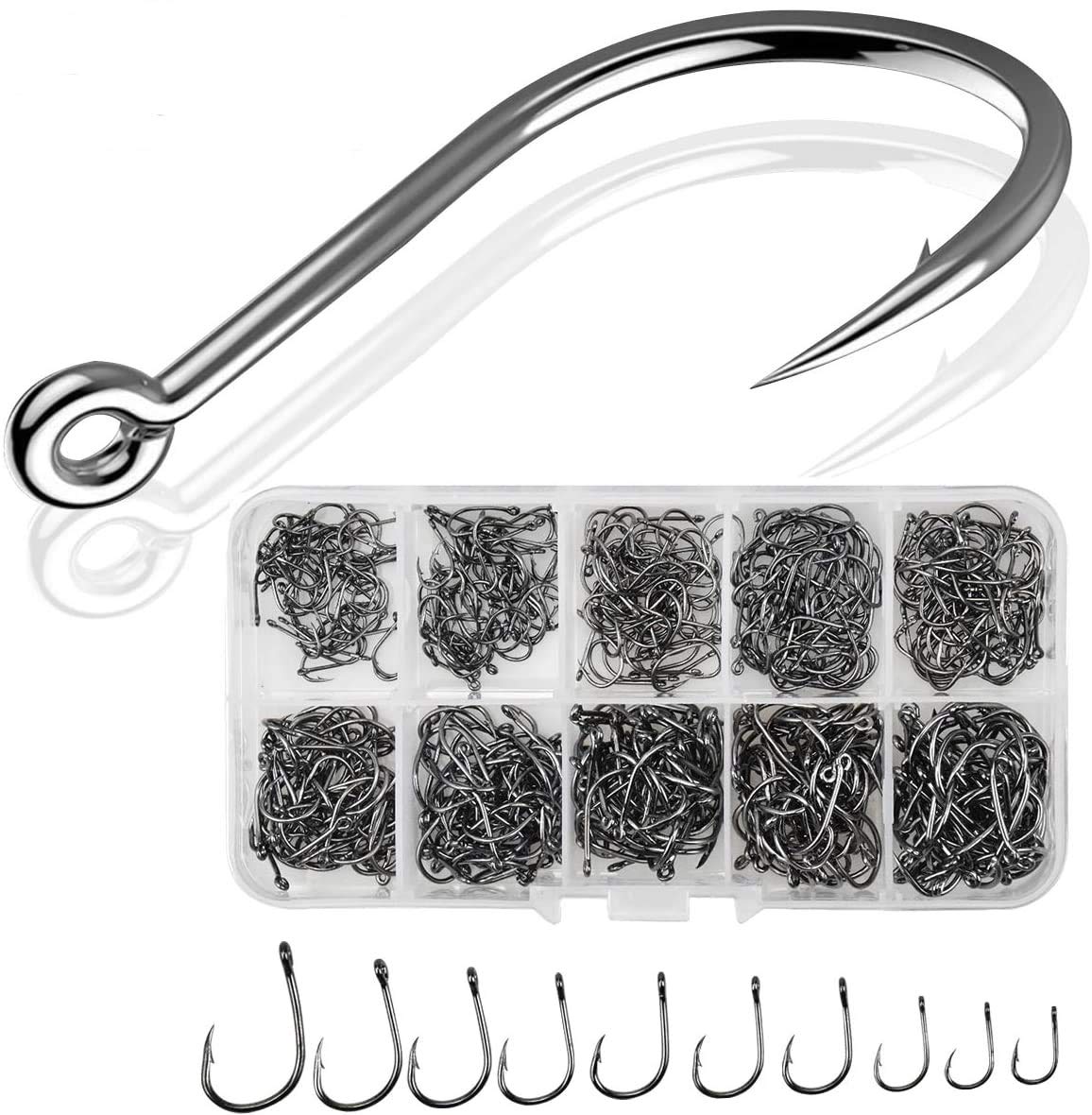 Fodlon 500PCS Fishing Hook, 3#-12# Barbed Hooks, Carbon Steel Eyed Sea Fish Hooks, Carp Circle Hooks with Storage Box for Freshwater Saltwater Fish Trackle