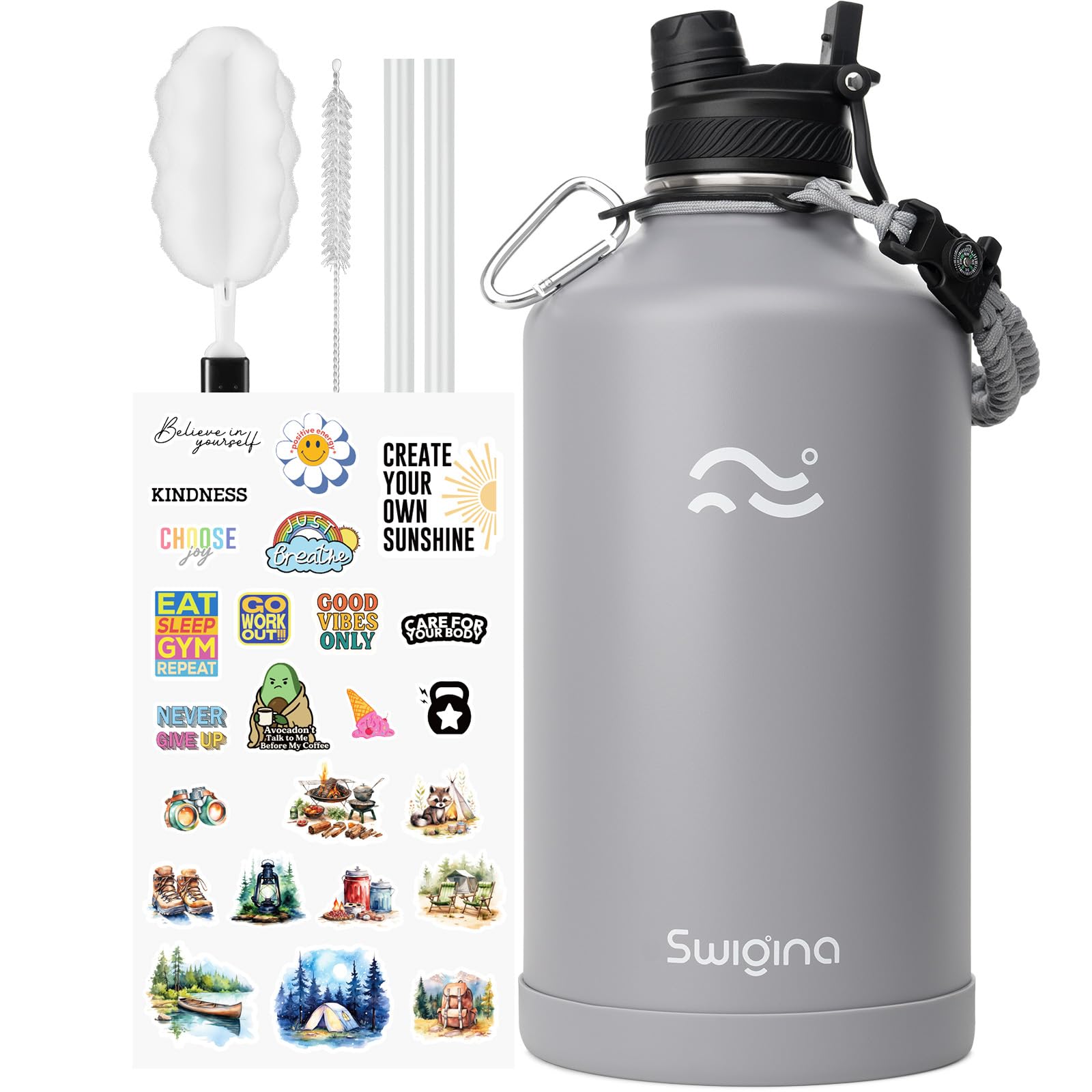 Photo 1 of Swigina [2-IN-1 LID] Gallon Insulated Water Bottle with Silicone Boot (48hrs Cold/24hrs Hot) - DIY Stickers, Leakproof, BPA Free, 128 oz