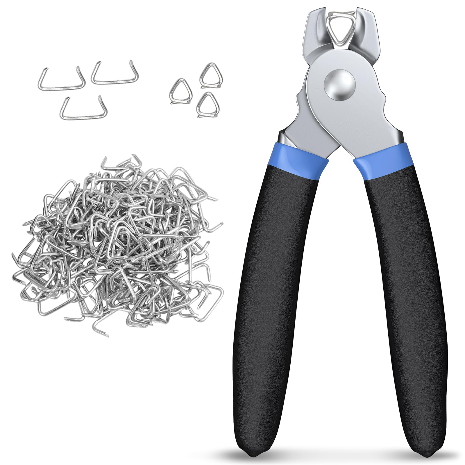 CAMWAY Hog Ring Pliers Kit & 300 pcs 3/4 inch Galvanized Steel Hog Rings, Professional Interior Exterior Decoration Installation Tool for Nailing,Car Cushions,Fences,Pet Cages,Wire Mesh Blue