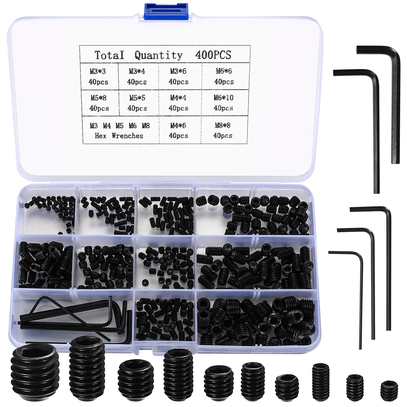 Photo 1 of Set Screws Assortment Kit, 400 Pcs M3/M4/M5/M6/M8 Allen Head Hex Socket Grub Screw Set, Black Hex Allen Head Screws with Internal Hex Drive for Door Handles, Light Fixture Screws