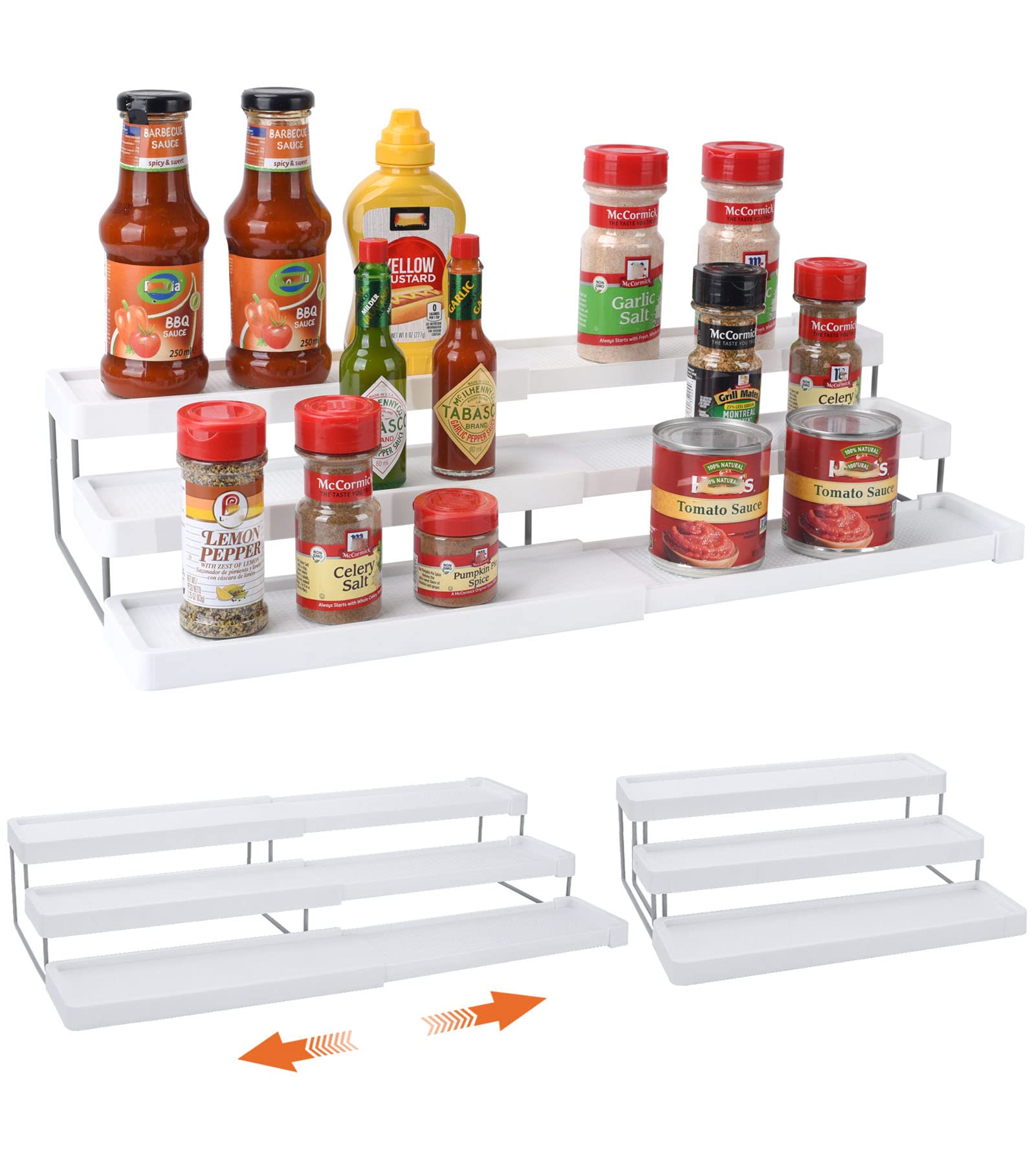 sunal Spice Rack Organiser,3-Tier Extendable Spice Holder,Inside Kitchen Cupboard Organiser,Suitable for Kitchen Countertop Spice Jars Bottles Storage,White