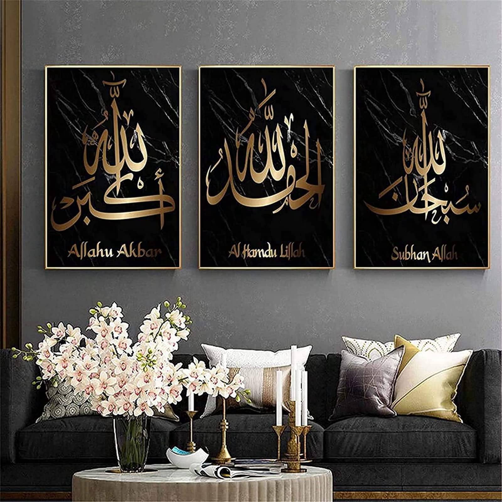 LXTOPN Marble Texture Picture Wall Picture Set,Islamic Pictures,Quran Calligraphy Allah Religion Decor Pictures,Wall Art Canvas Painting Poster Living Room Decoration No Frame (Black-Gold, 3x50x70cm)