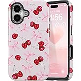 DEFBSC Case for iPhone 16 Plus, Cute Pink Bow Cherry Print Aesthetic Trendy Pattern for Women Girls Slim Durable Bumper Shockproof for iPhone 16 Plus Case, Pink Ribbon/Glossy