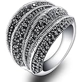 Mytys Statement Rings for Women with Black Zircons, Wavy Design, Vintage Wide Band Ring