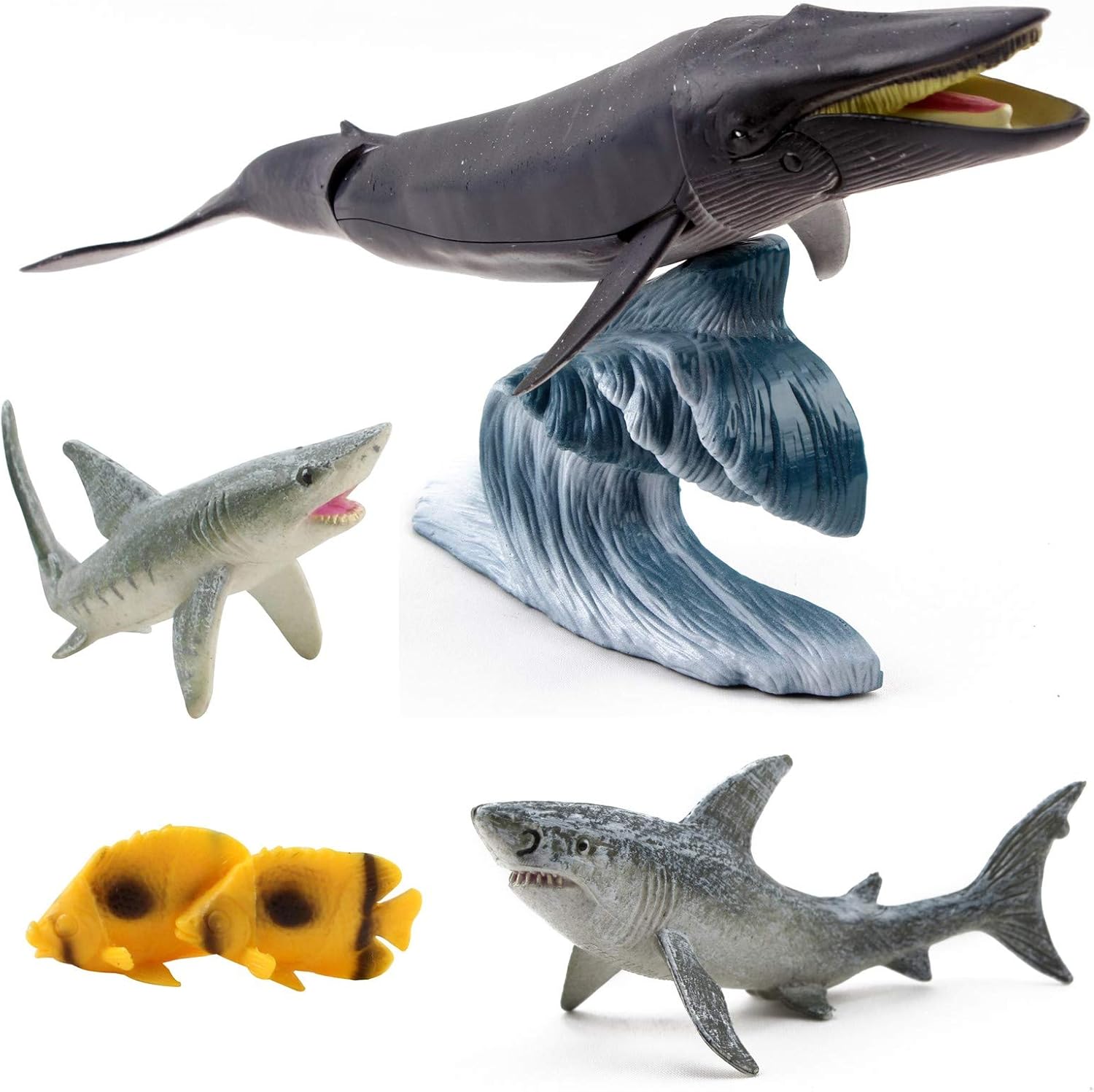 Vokodo Marine Animal Set 6 Piece Includes Humpback Whale, 2 Sharks, 2 Ocean Fish and Wave Stand Aquatic Life Figurine Species Sea Creatures Kids Play Toys Great Gift for Children Girls Boys Toddlers