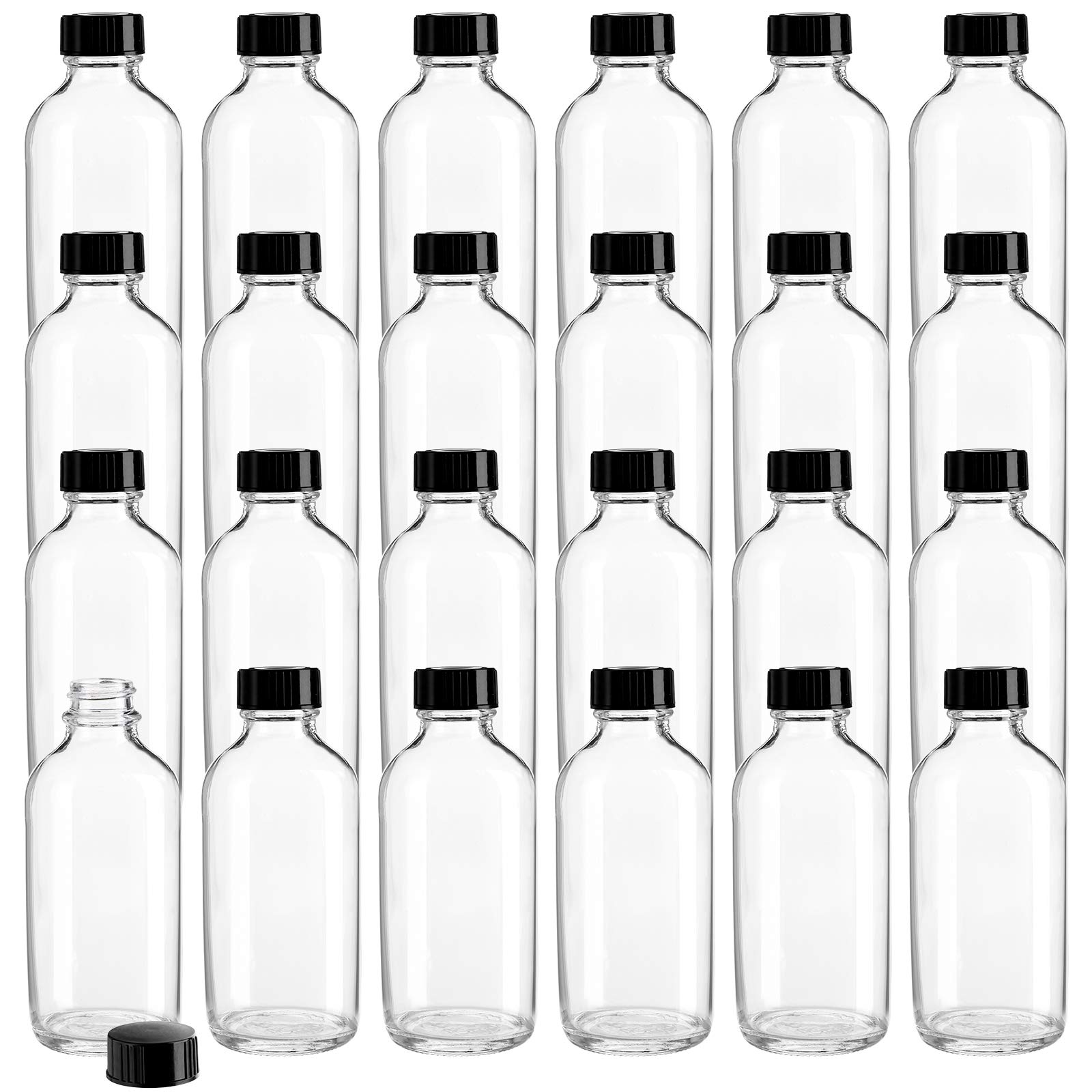 Photo 1 of Bekith 24 Pack Clear Boston Round with Black Poly Cone Cap, 4 oz Clear Glass Bottles Sample Bottles for Juice, Ginger Shots, Oils, Whiskey, Liquids