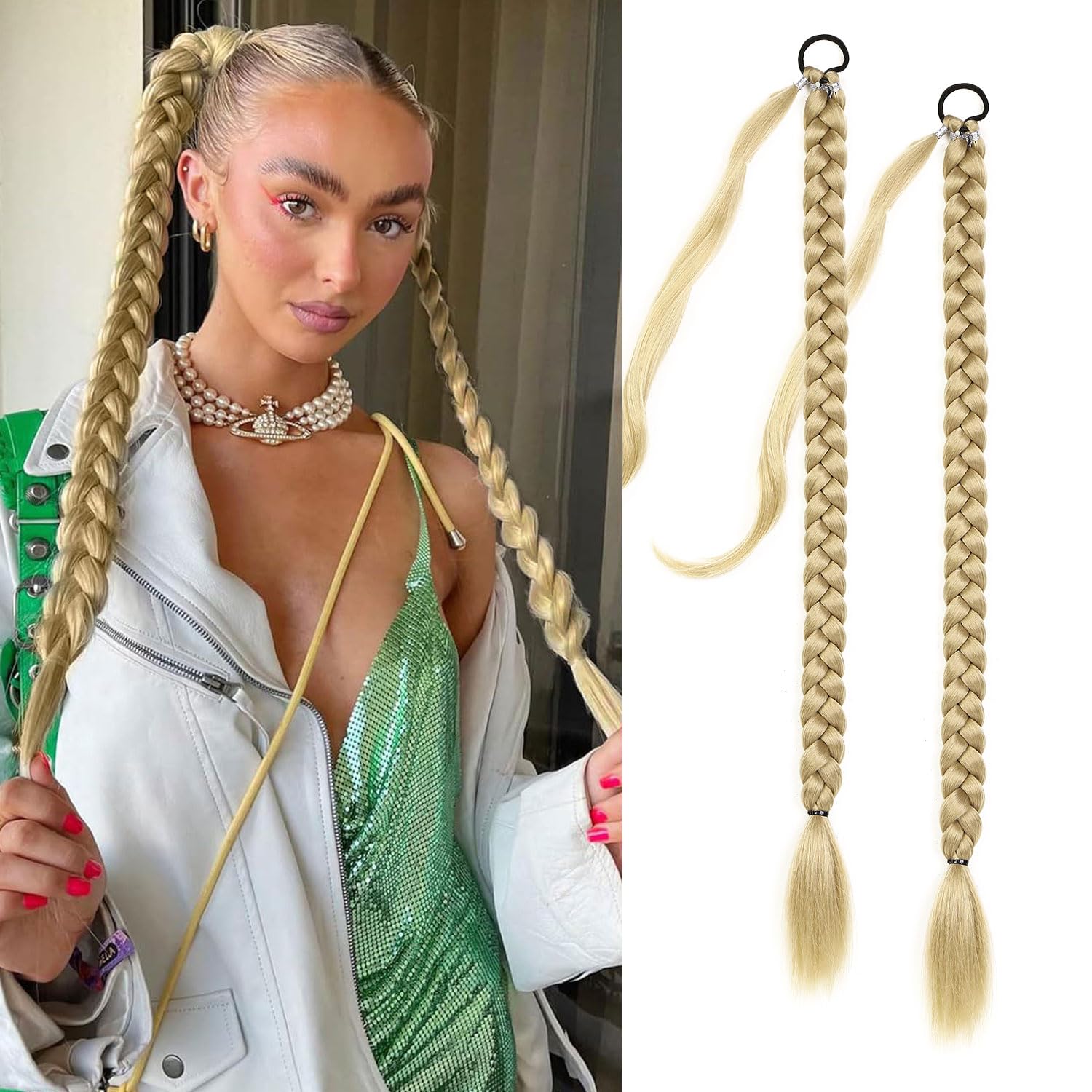 Fulang Hair 2PCS Braid Ponytail Extension Long Plait Hair Extensions with Hair Tie Straight Wrap Around Ponytail Hair Extensions for Women Pony Tails Extensions Natural Soft Synthetic Hairpieces