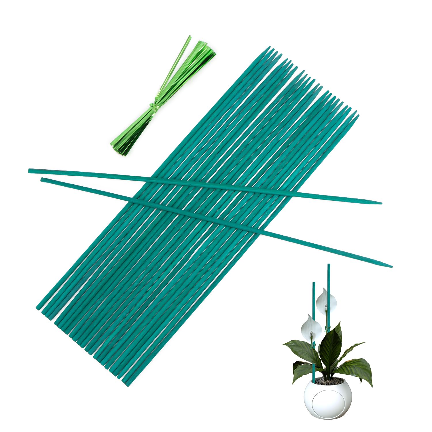 38cm Garden Stakes Bamboo Sticks for Plants, 25pcs Garden Canes Plant Support Sticks With 50pcs Twist Ties, 15 inch Plant Stakes Plant Canes for Pea, Bean, Tomato, Sunflower, ect